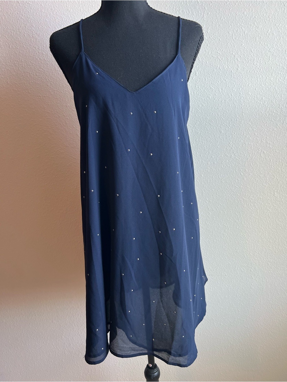 Umgee Navy Blue Sheer Rhinestone Spaghetti Strap Mini Dress Size Small Fairycore